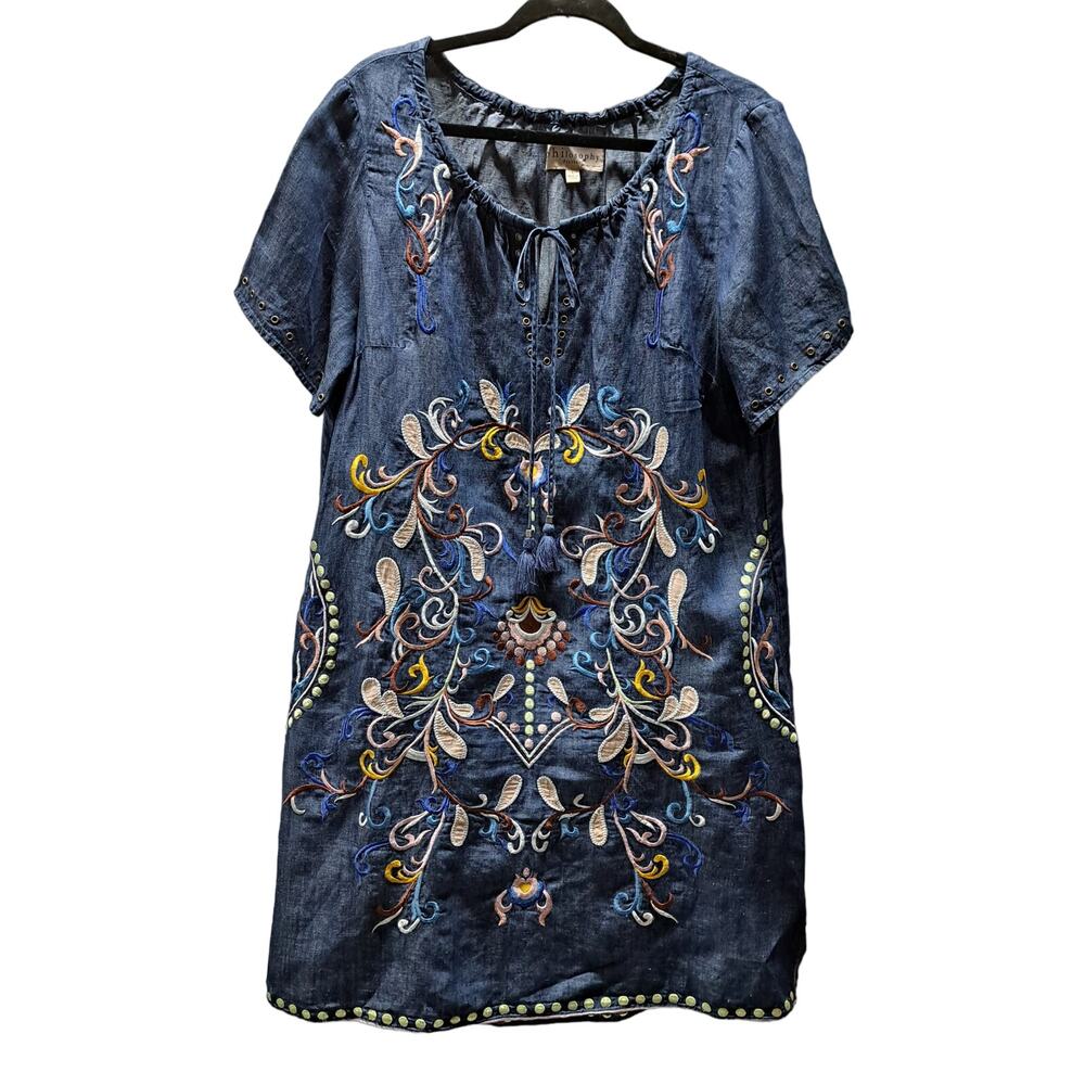 Anthropologie Philosophy Blue Chambray floral embroidered side pockets dress L